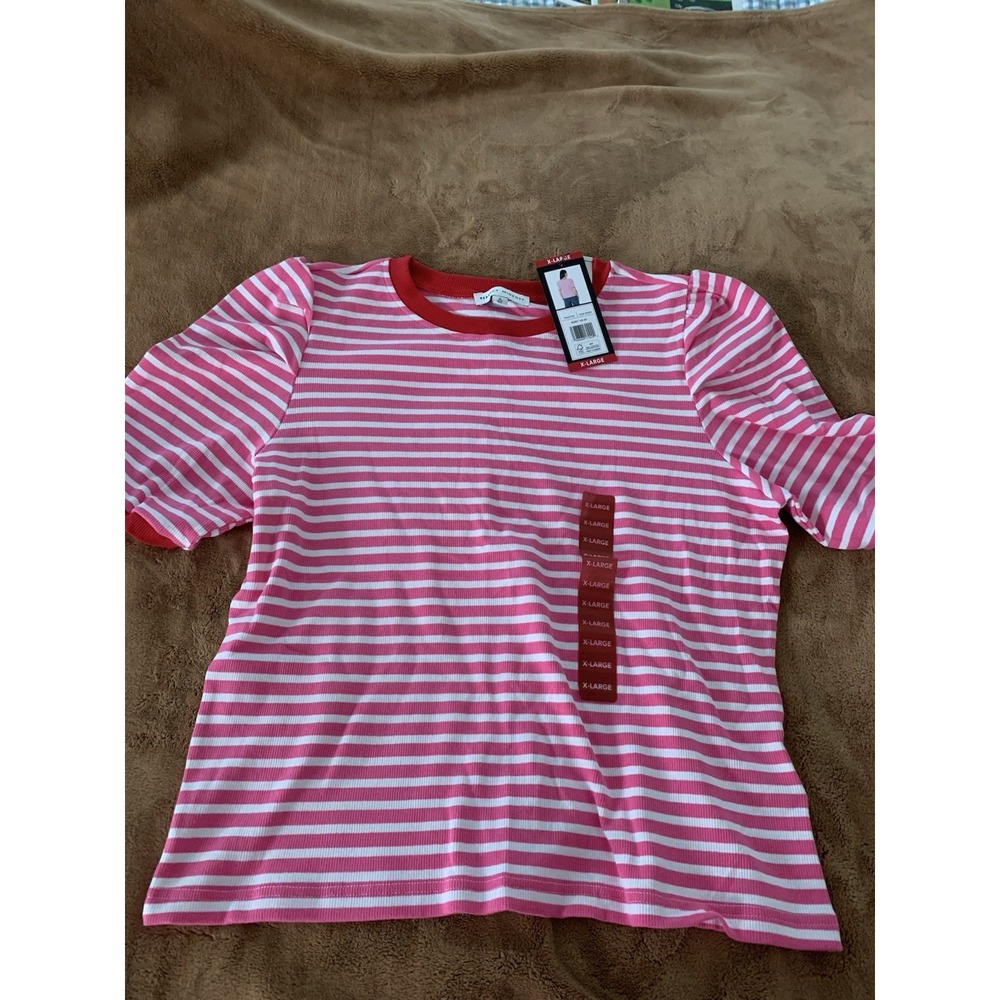 Rebecca Minkoff Women's XL Puff Short Sleeve Rib Knit Top Pink Red Striped NEW